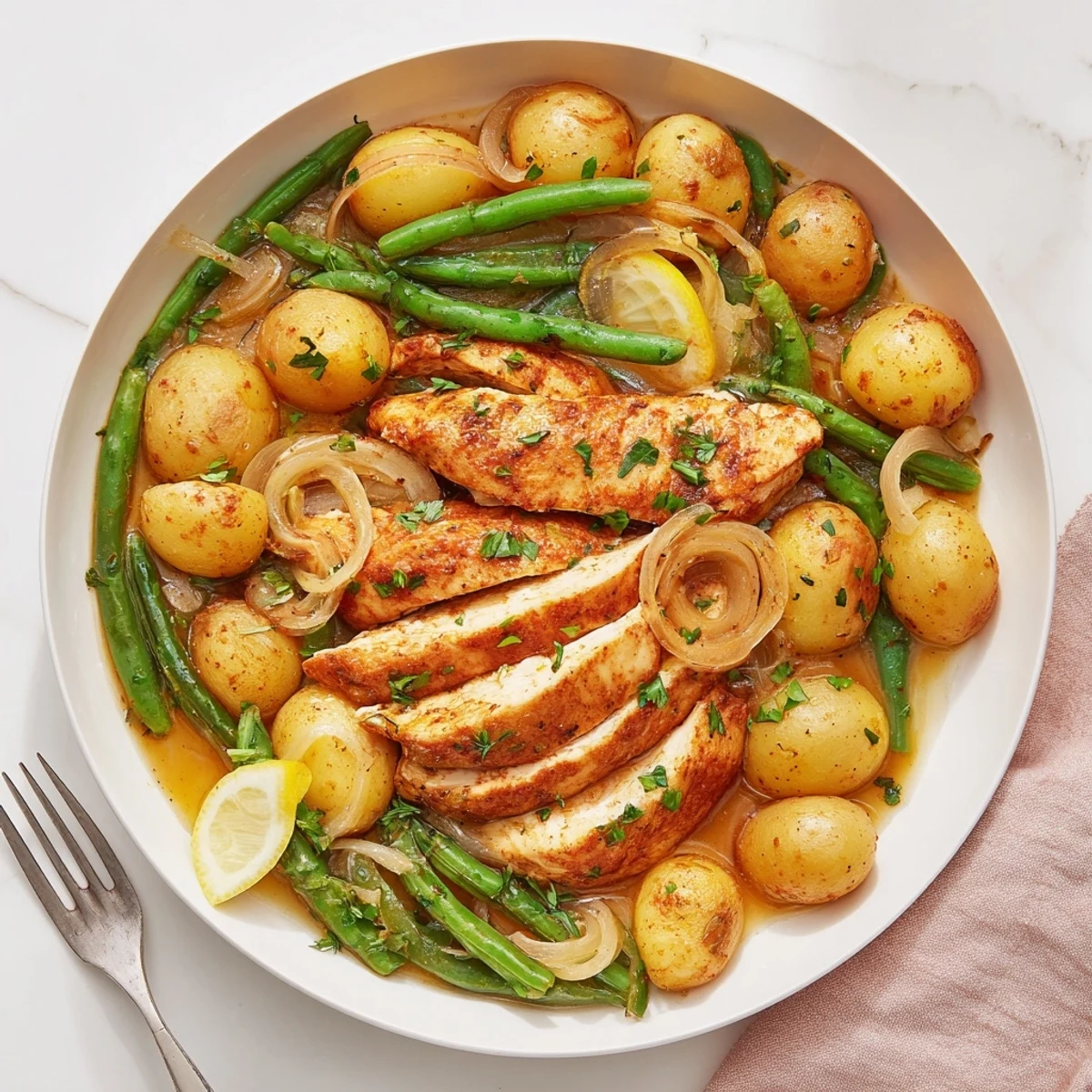 Garnished with parsley and lemon, Slow Cooker Chicken And Potatoes With Green Beans.