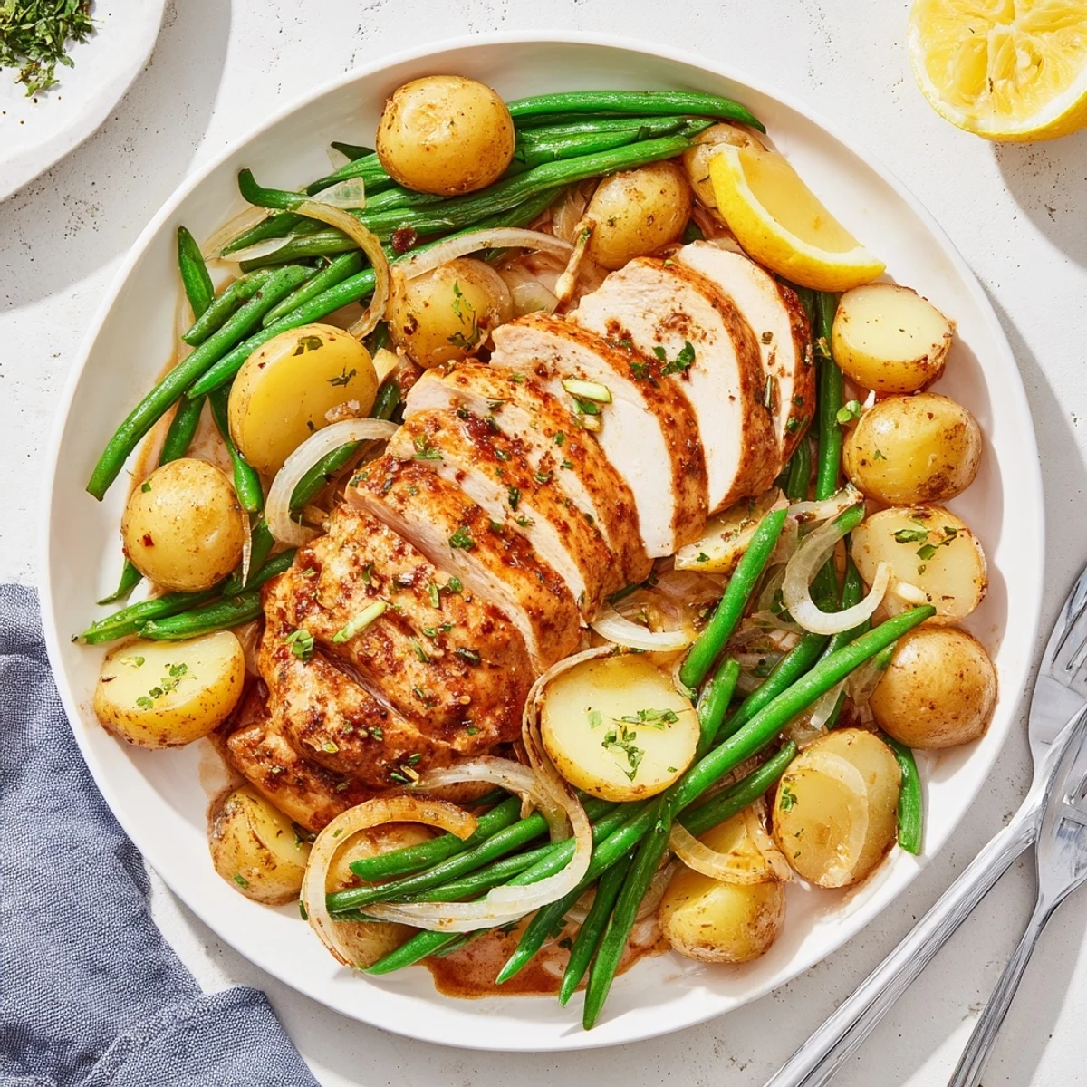 Slow Cooker Chicken And Potatoes With Green Beans simmering in savory herb broth.