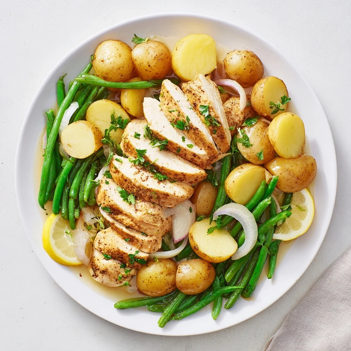 Warm, comforting Slow Cooker Chicken And Potatoes With Green Beans plated for family.