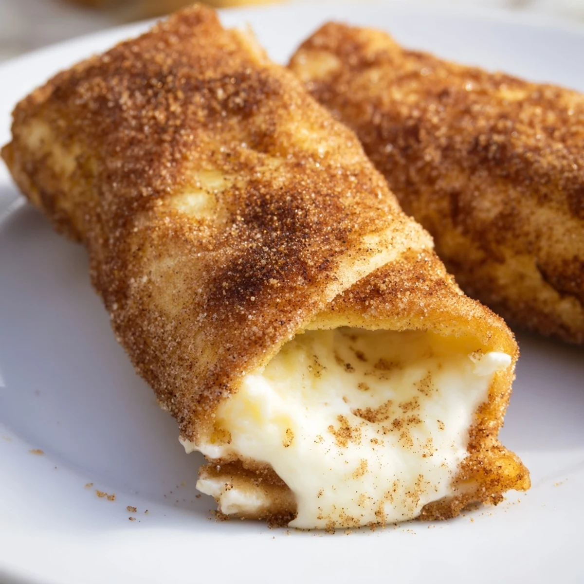 Golden fried cheesecake chimichangas coated in warm cinnamon sugar on a rustic plate
