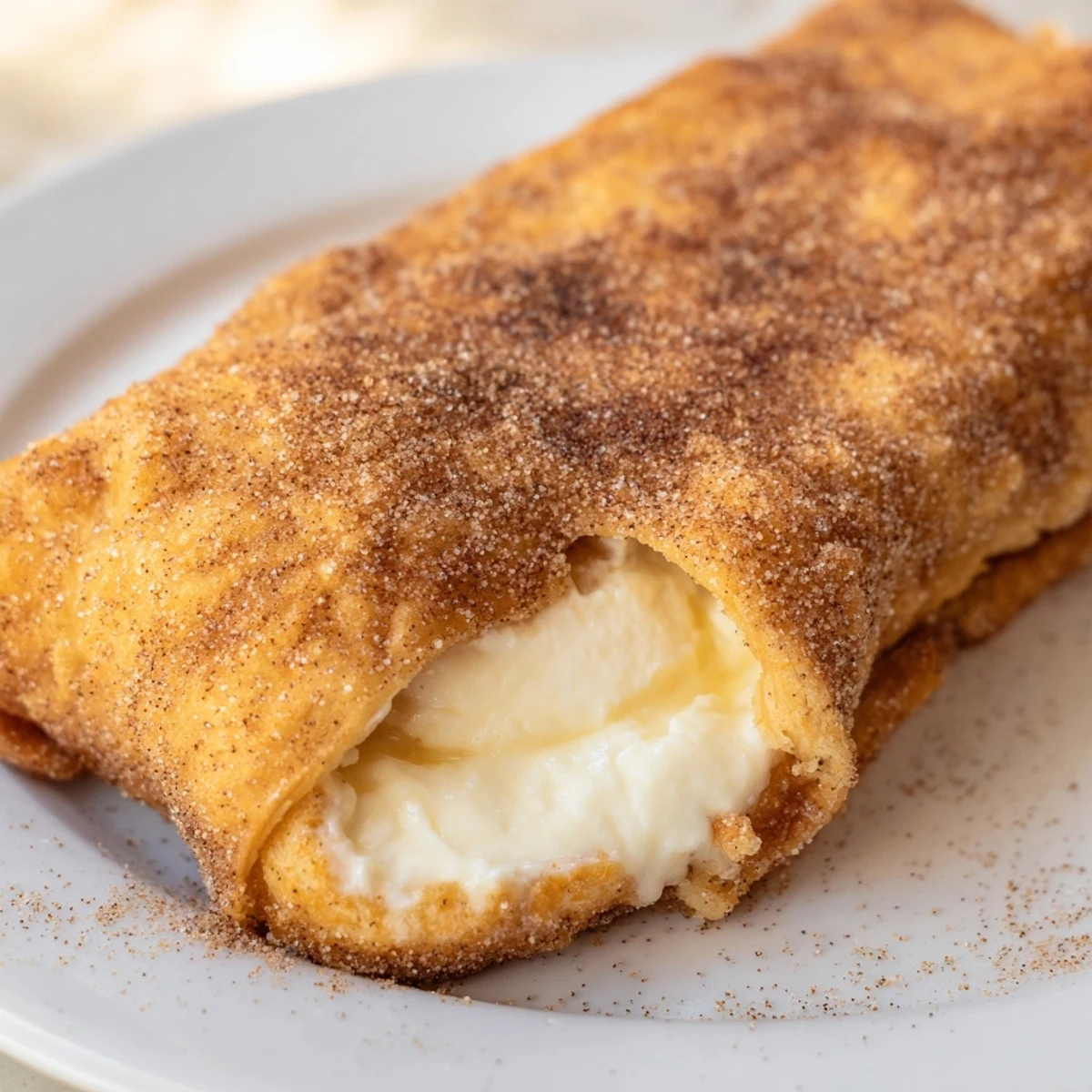 Crispy cheesecake chimichangas with creamy filling oozing out, served with fresh berries
