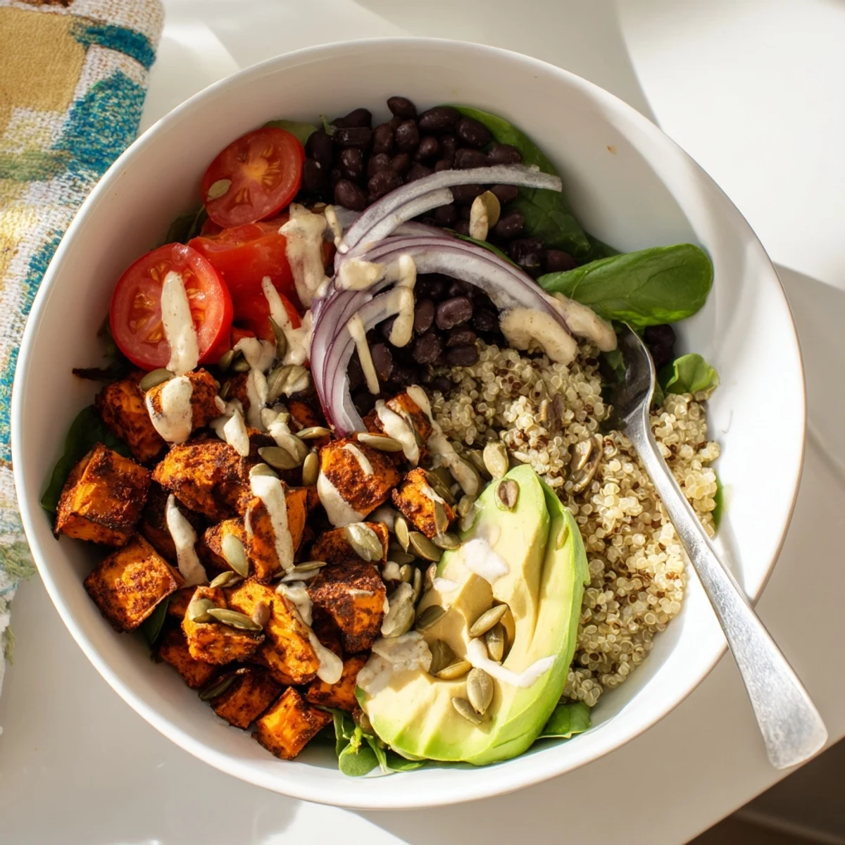 Golden roasted sweet potato bowl drizzled with creamy tahini dressing over fresh greens