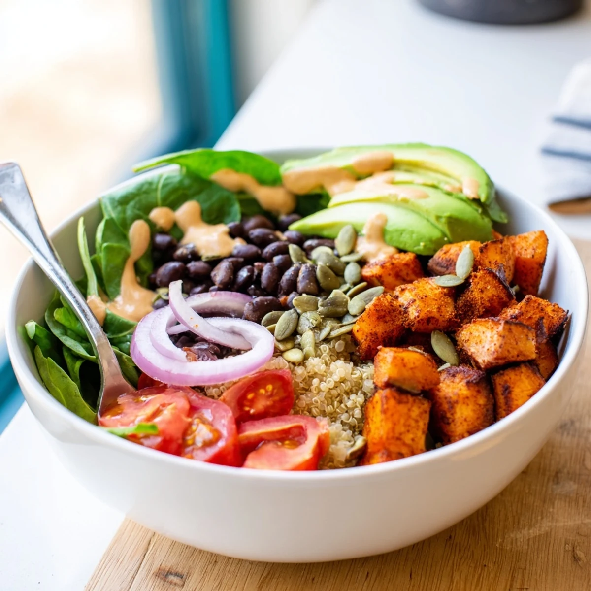 Colorful sweet potato bowl topped with cherry tomatoes pumpkin seeds and zesty tahini