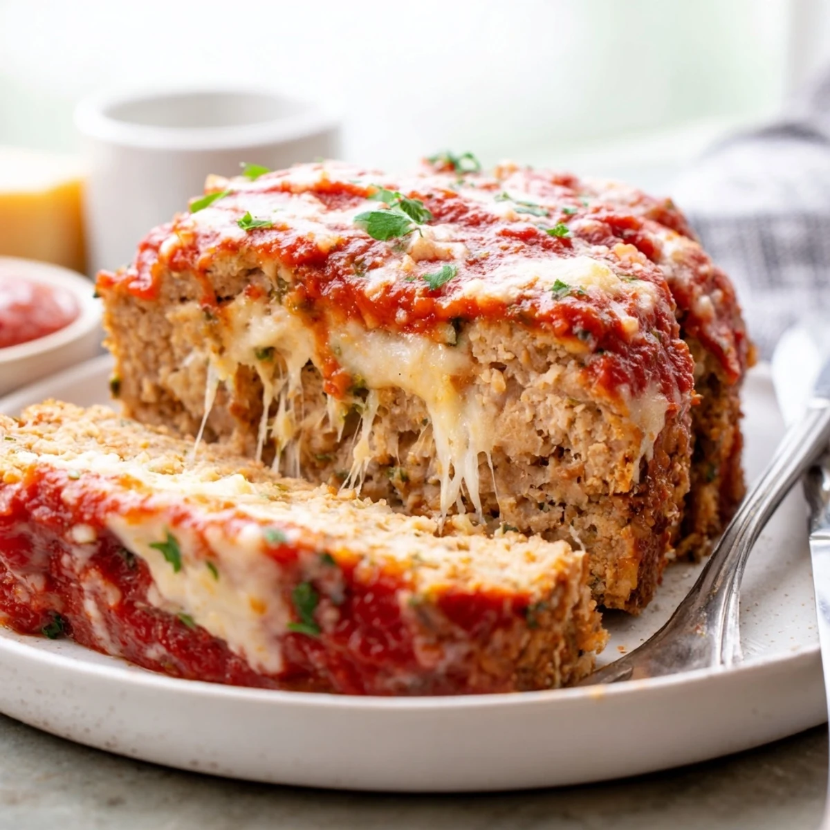 Golden Parmesan chicken meatloaf sliced thick and topped with rich marinara sauce