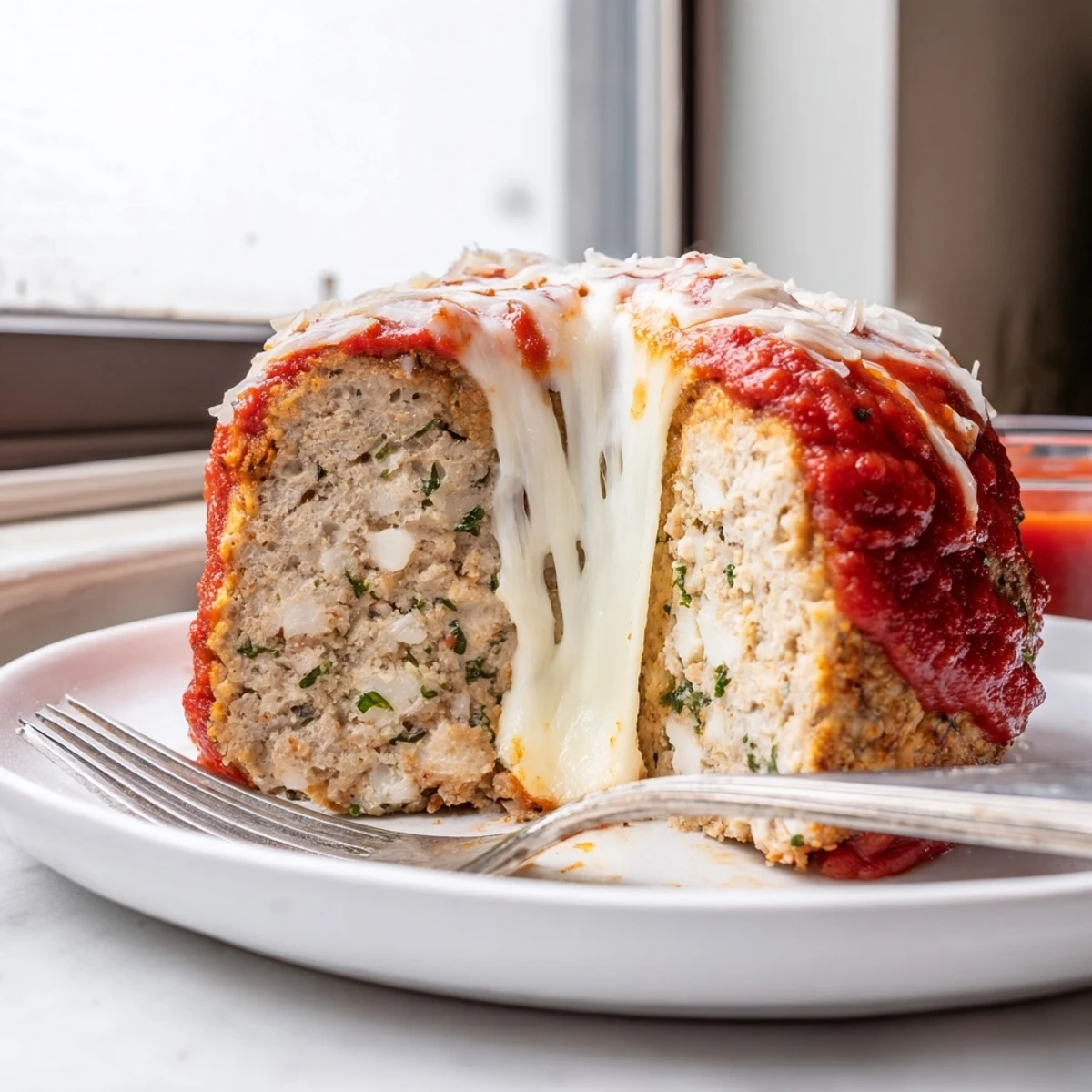Juicy Parmesan chicken meatloaf fresh from the oven with melted mozzarella crust