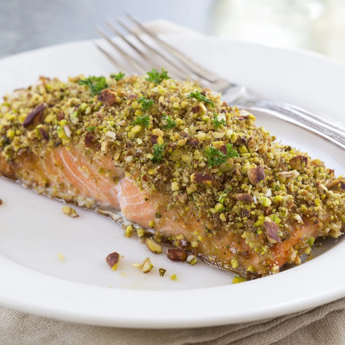 Golden maple pistachio salmon fillet with a crunchy nut crust on a baking sheet