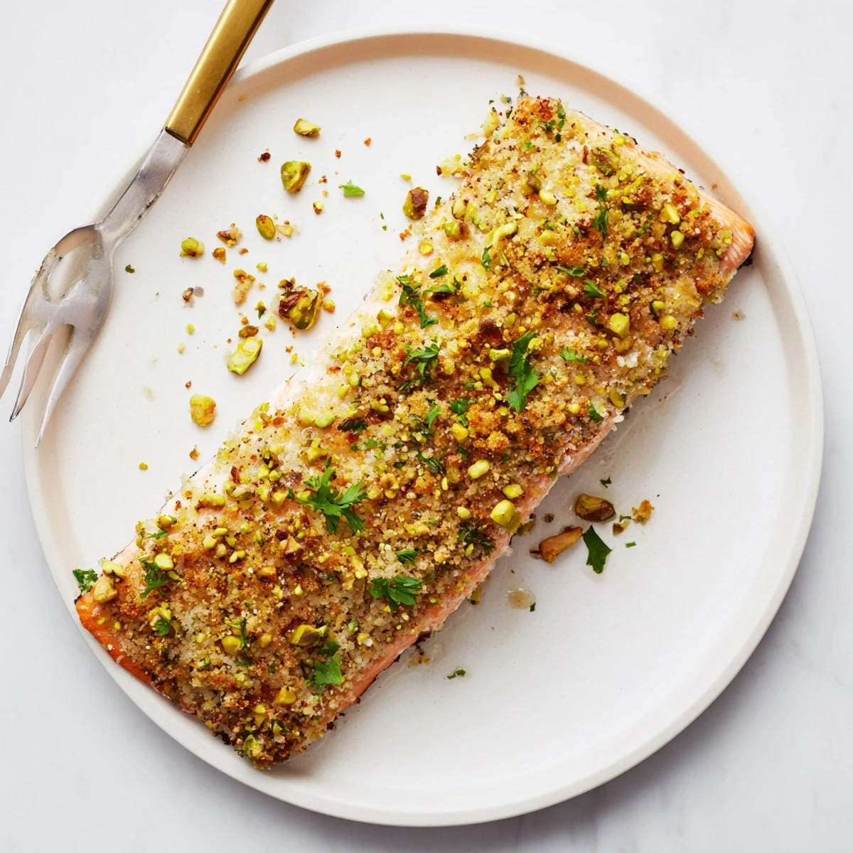 Maple pistachio salmon plated with roasted vegetables and a bright lemon wedge
