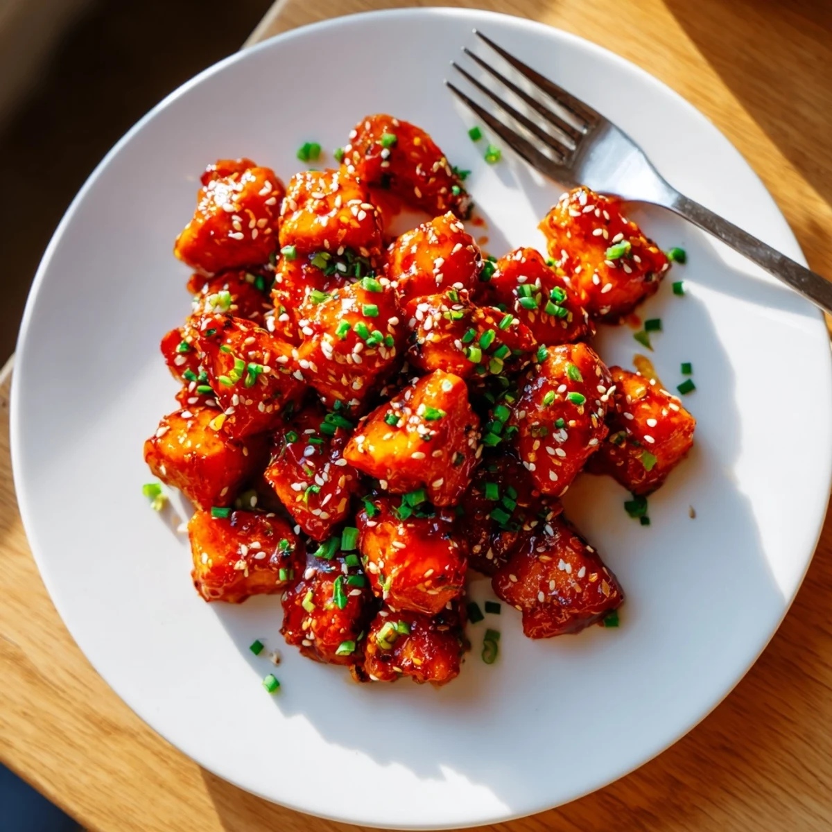 Caramelized hot honey salmon bites glistening with a sticky, spicy-sweet glaze on a parchment-lined baking sheet.