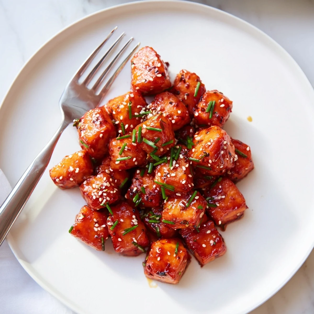 Golden hot honey salmon bites tossed in a glossy, caramelized sauce and sprinkled with sesame seeds and fresh chives.