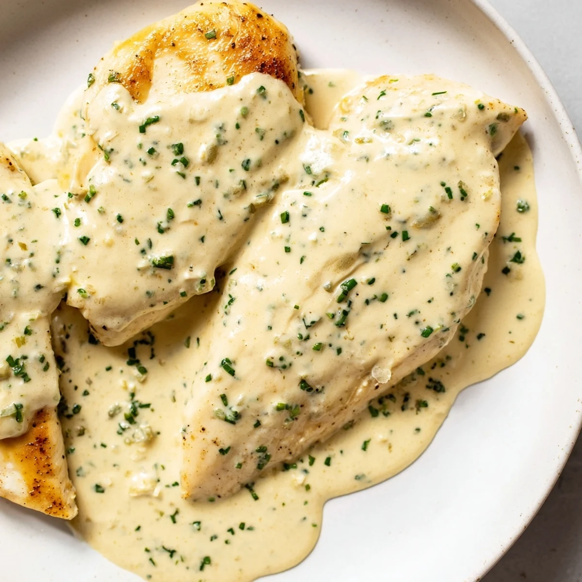 Creamy Boursin sauce with garlic and herbs drapes over golden seared chicken breasts
