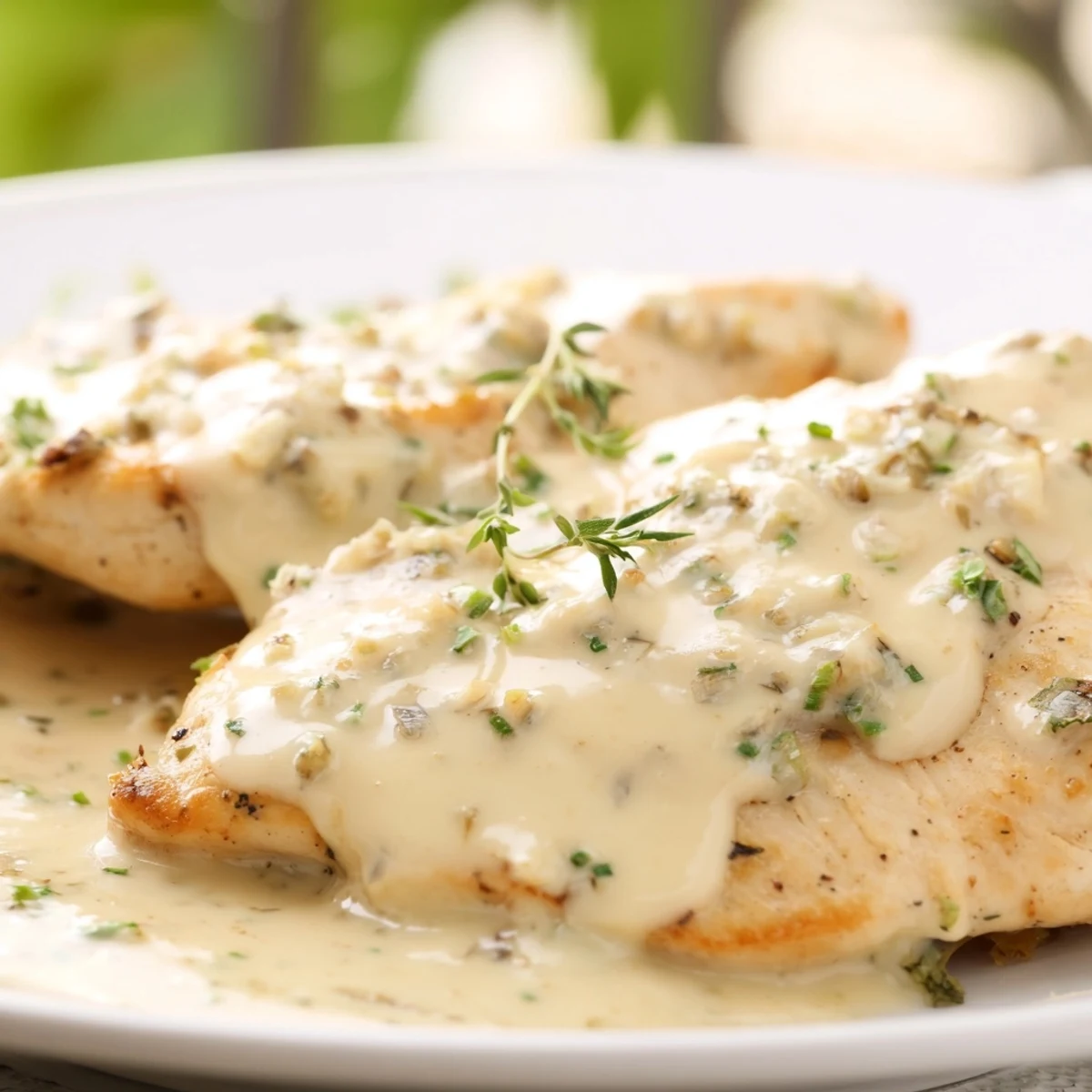 Pan-seared chicken with Boursin cheese sauce, flecked with fresh chives and parsley