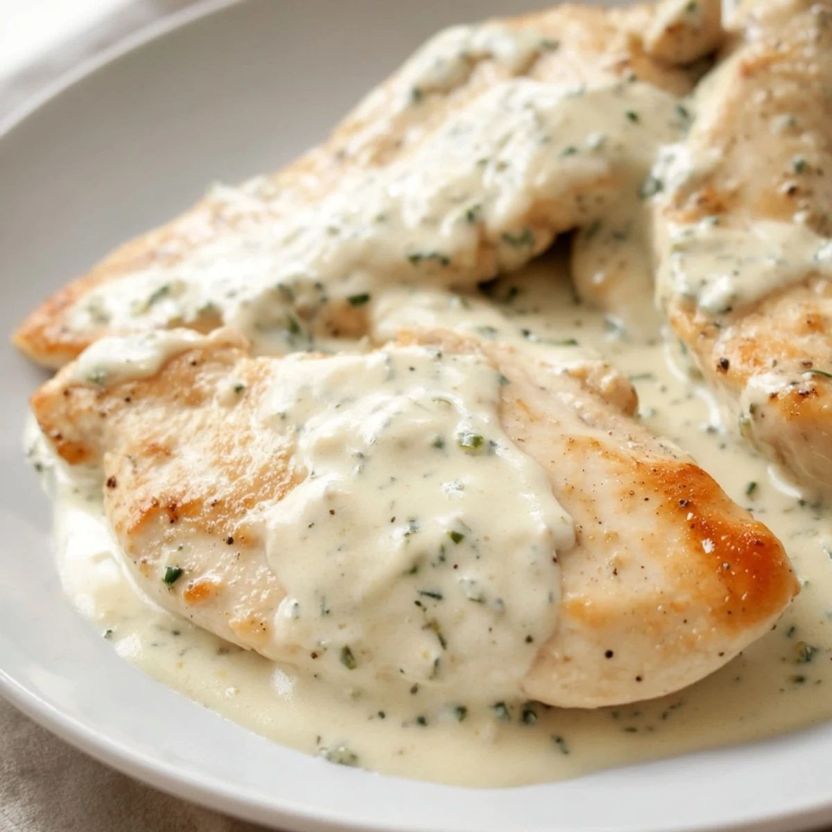 Tender chicken breasts nestled in a rich, velvety Boursin garlic and herb sauce