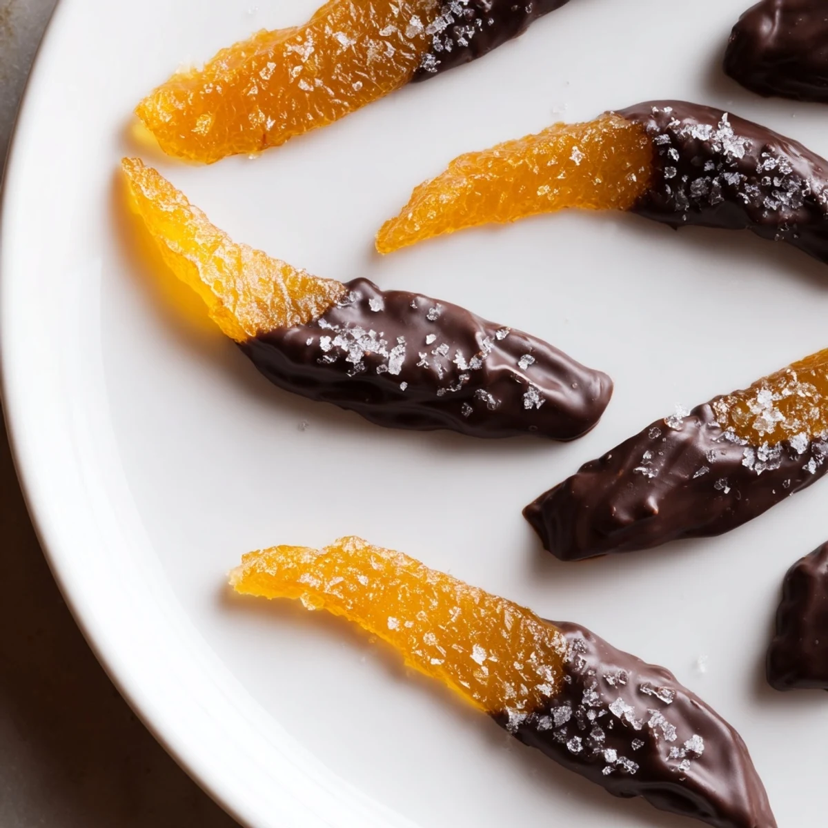 Glossy chocolate covered orange peels arranged on parchment with flaky sea salt