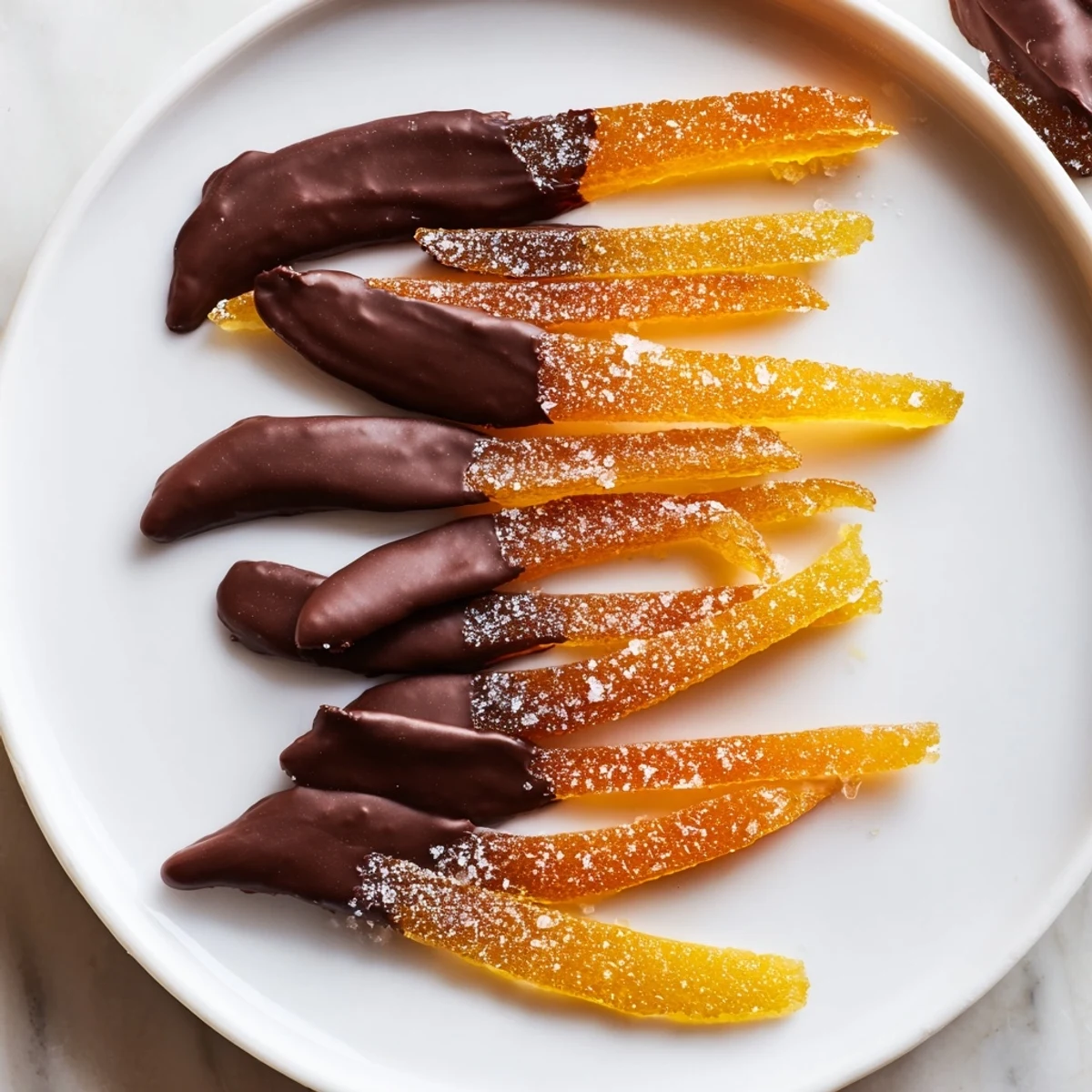 Golden candied orange strips dipped in dark chocolate on a wire rack