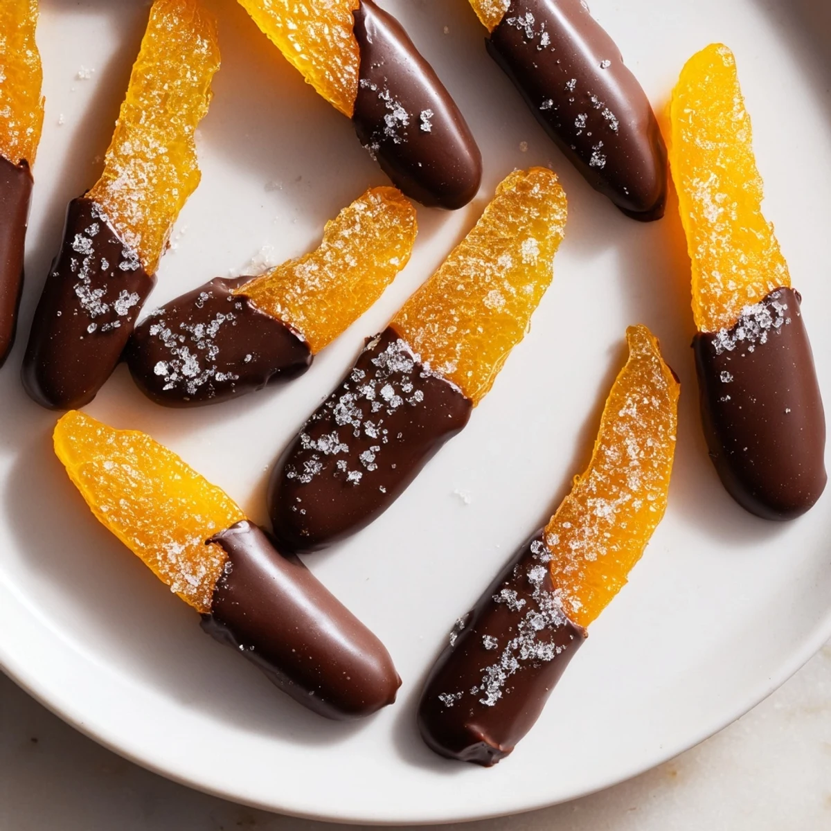 Candied chocolate covered orange peels glistening with rich dark chocolate coating