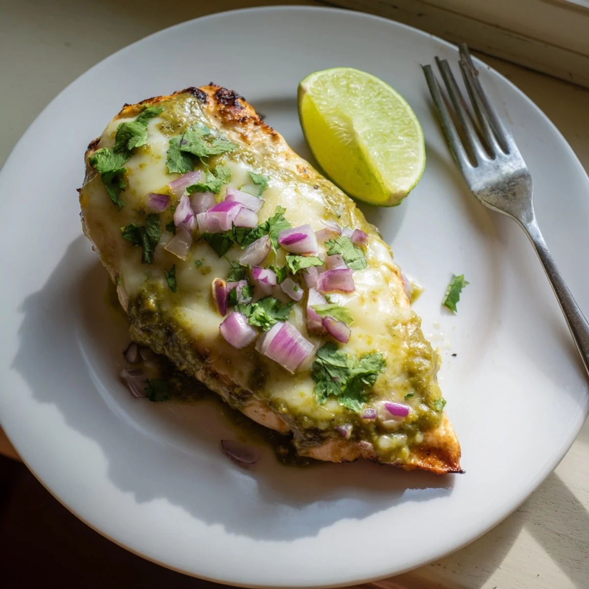 Cheesy Grilled Salsa Verde Pepper Jack Chicken with melted cheese and fresh cilantro on a plate