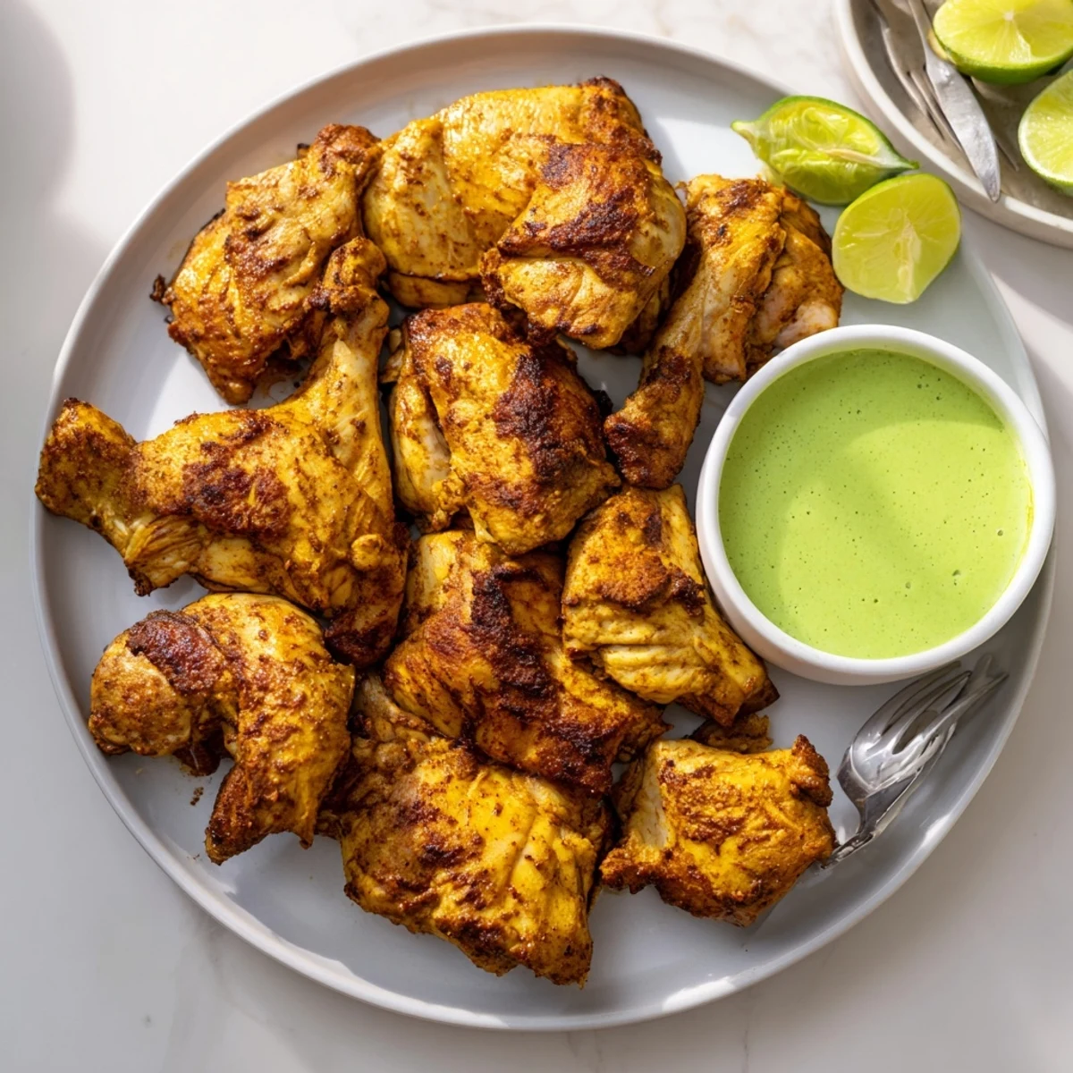 Golden Peruvian Chicken Delight with crispy skin and vibrant green sauce on a rustic plate
