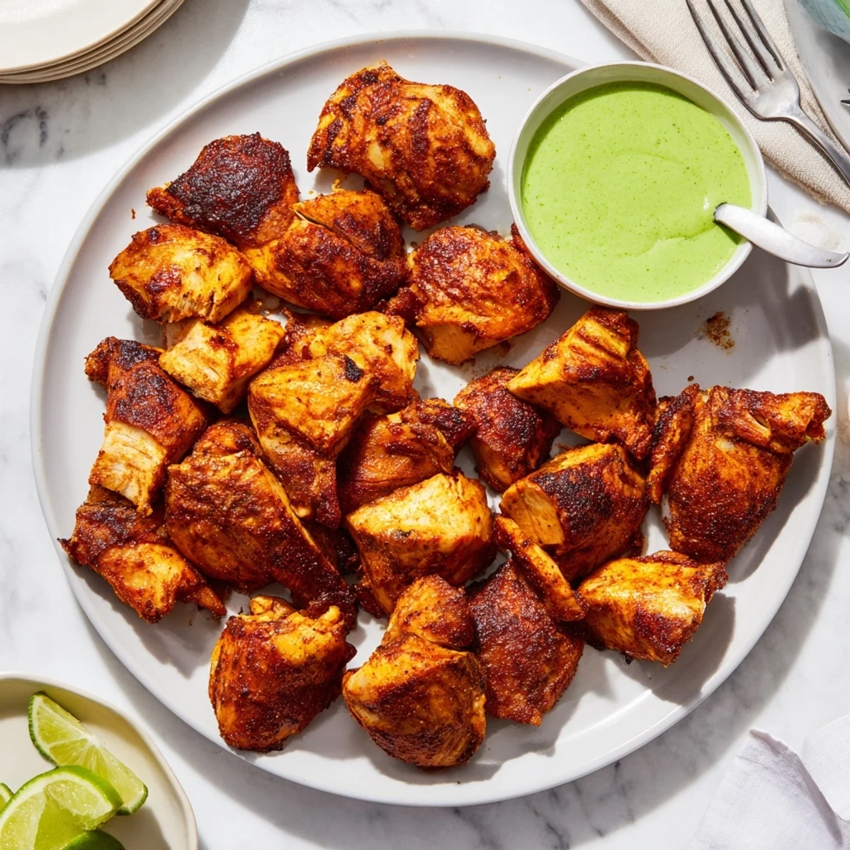 Tender Peruvian Chicken Delight fresh from the oven alongside bright spicy green dipping sauce
