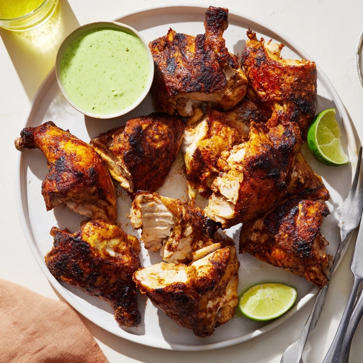 Juicy Peruvian Chicken Delight carved and served with creamy cilantro aji verde sauce