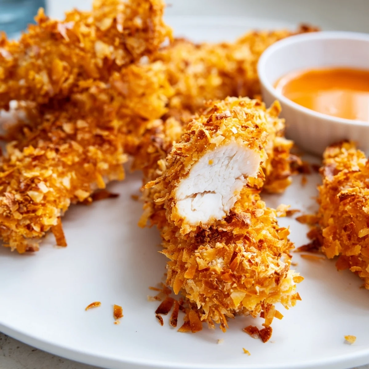 Golden crunchy coconut chicken strips served hot with sweet chili dipping sauce