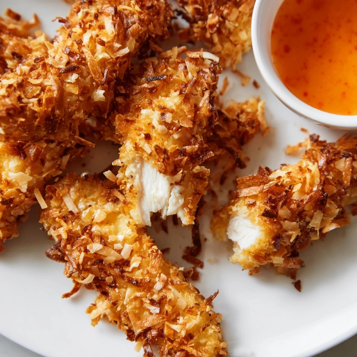 Crispy baked coconut chicken tenders on a parchment-lined sheet, ready for dipping