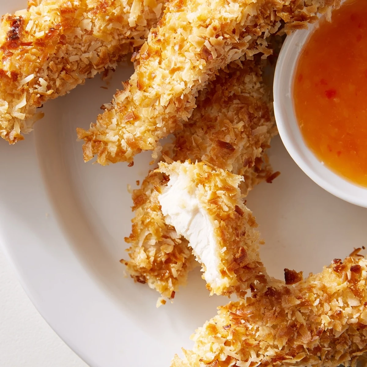 Juicy coconut chicken strips with a golden panko crust plated alongside fresh salad