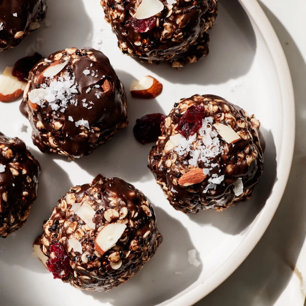 Chocolate Quinoa Crunch Bites topped with sea salt on a rustic baking sheet