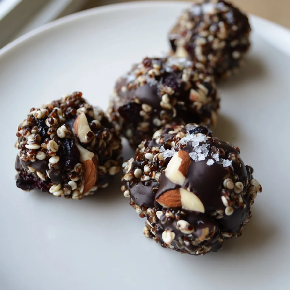 Dark chocolate Quinoa Crunch Bites nestled in paper liners with shredded coconut visible