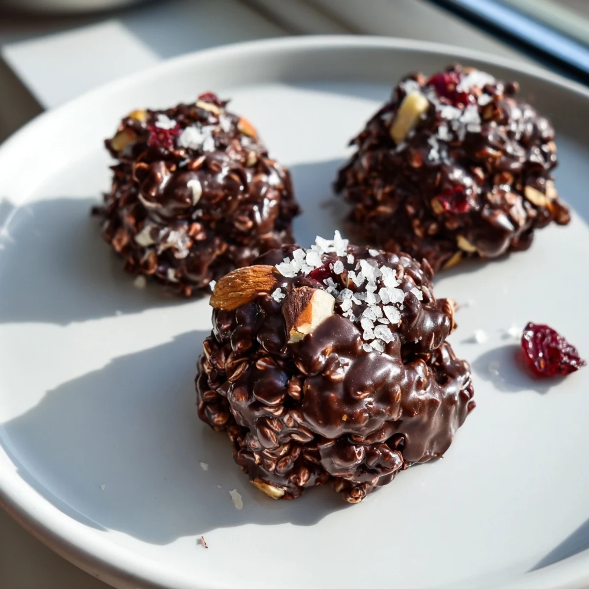 Glossy Chocolate Quinoa Crunch Bites arranged on parchment alongside chopped nuts and cranberries