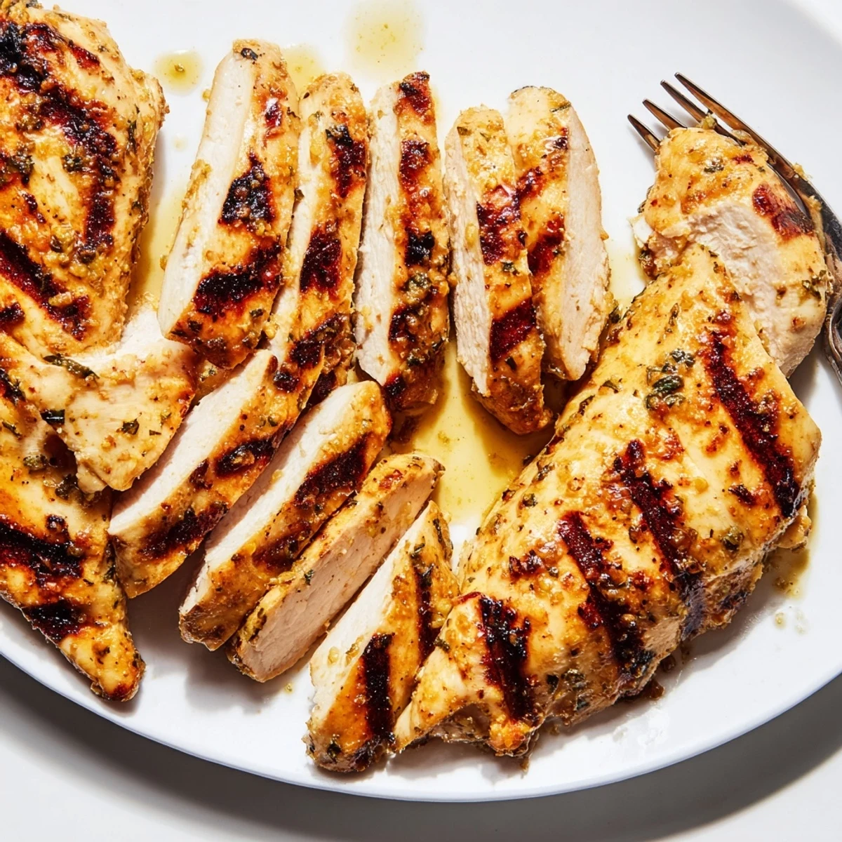 Juicy Mayo Marinated Grilled Chicken sliced open showing tender interior with charred crosshatch marks