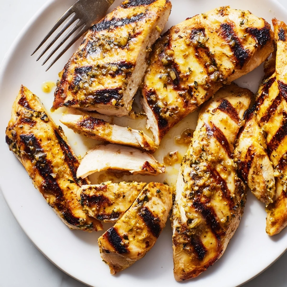 Creamy herb-coated chicken breasts sizzling on a hot grill with crispy golden-brown edges