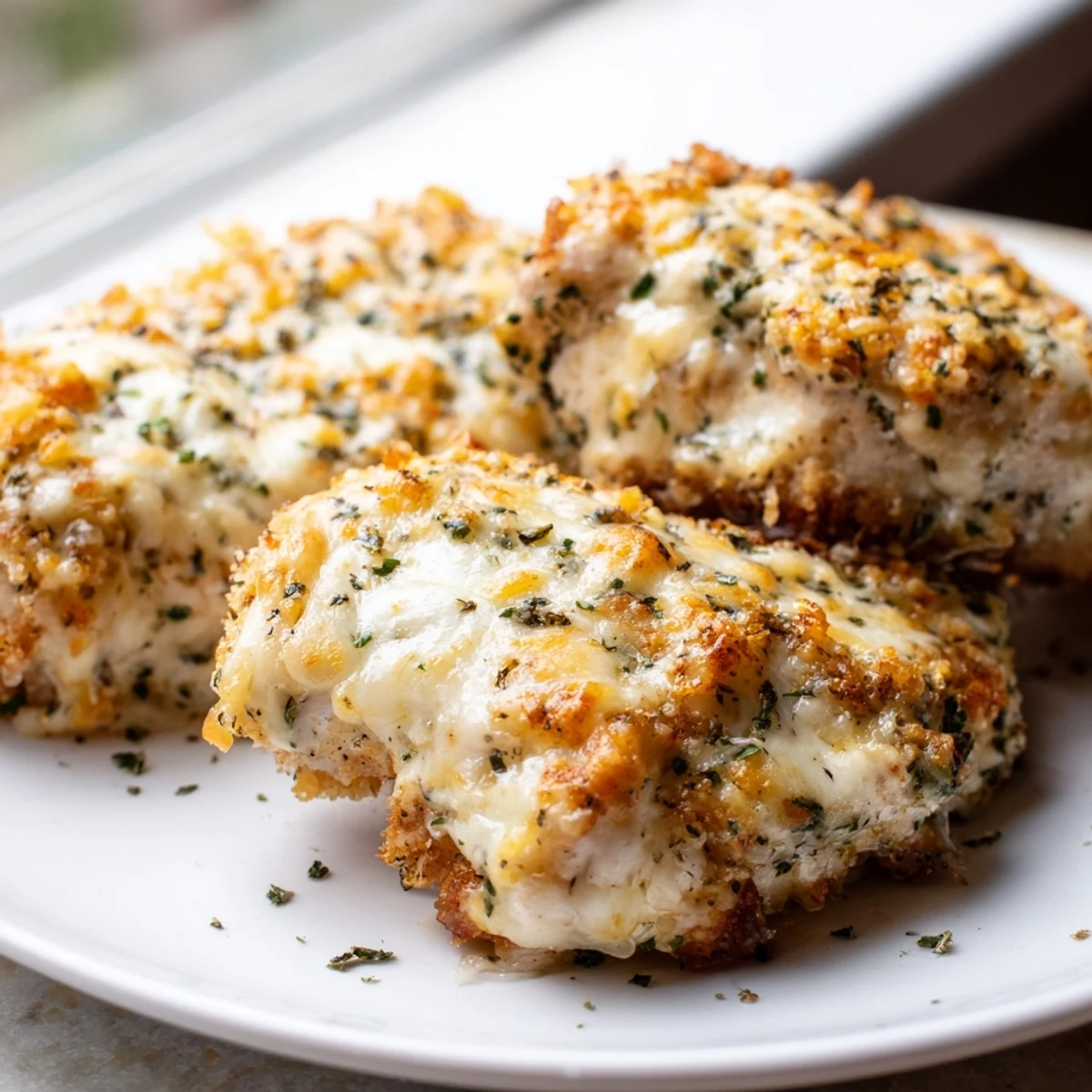 Golden-crusted ricotta chicken bake fresh from the oven with bubbling mozzarella topping