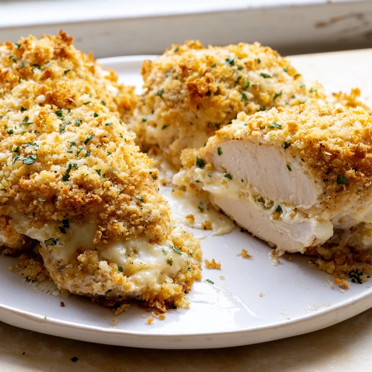 Creamy ricotta chicken bake topped with herbs and melted cheese on a white plate