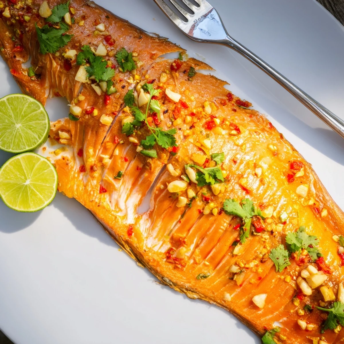Golden Chili Lime Baked Trout garnished with fresh cilantro and lime wedges on a white plate