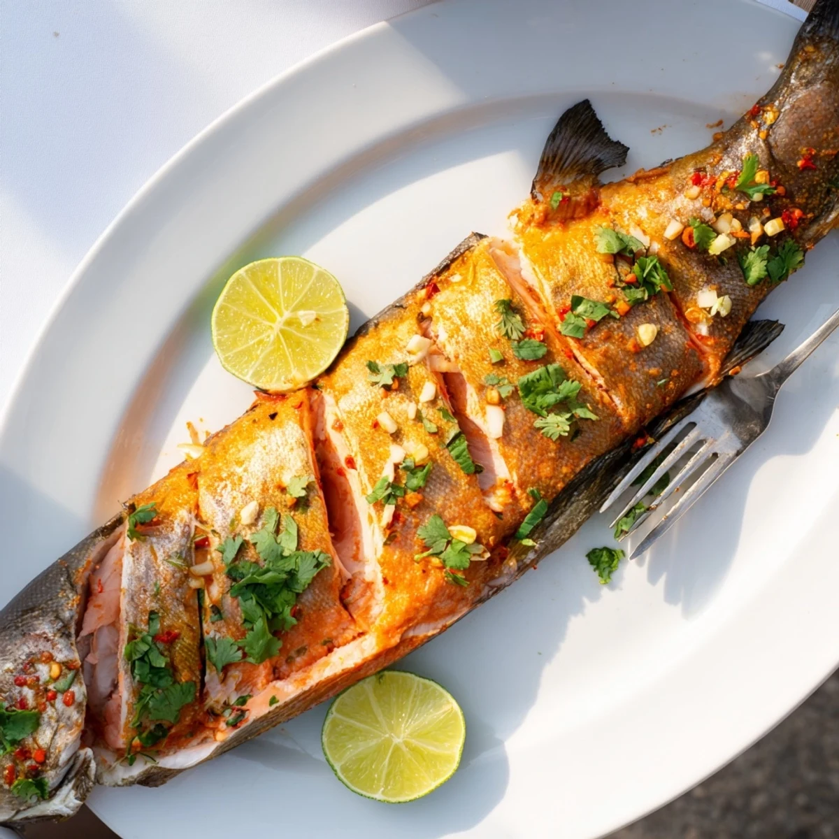 Chili Lime Baked Trout with flaky, opaque flesh and spicy citrus glaze fresh from the oven