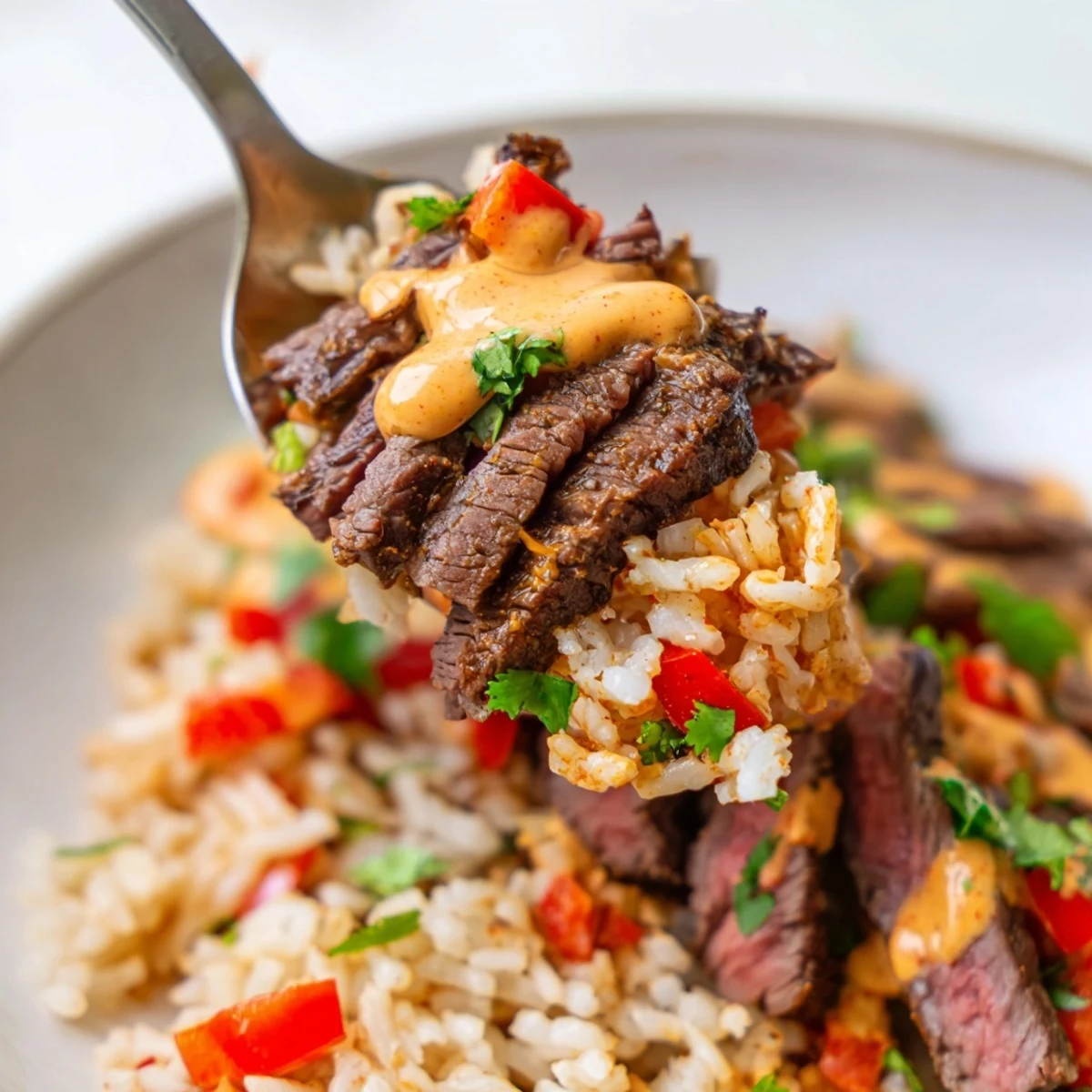 Creamy Steak Queso Rice topped with melted cheese sauce and fresh cilantro