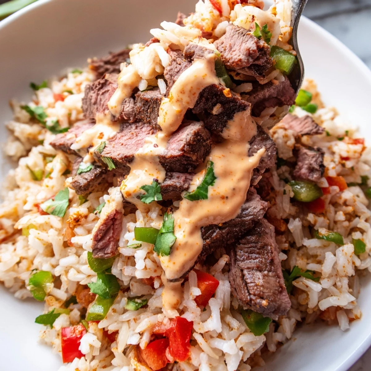 Sizzling Steak Queso Rice served in a skillet with peppers and onions
