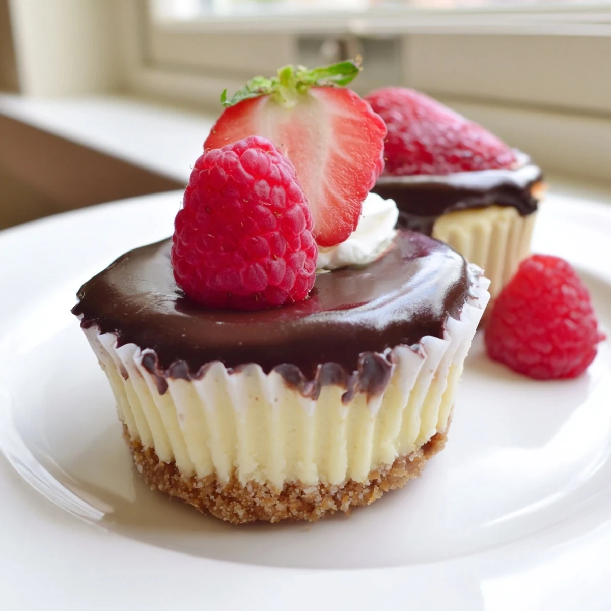 Creamy mini cheesecakes topped with fresh berries on a rustic white plate