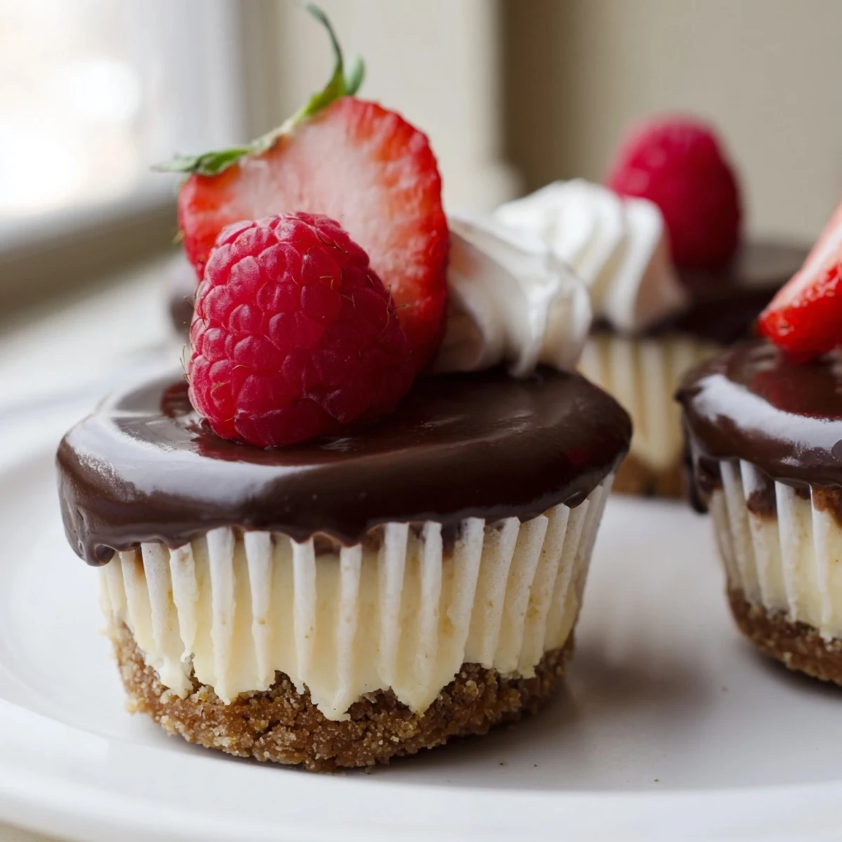 Golden graham cracker crusts peek beneath smooth mini cheesecakes drizzled with caramel