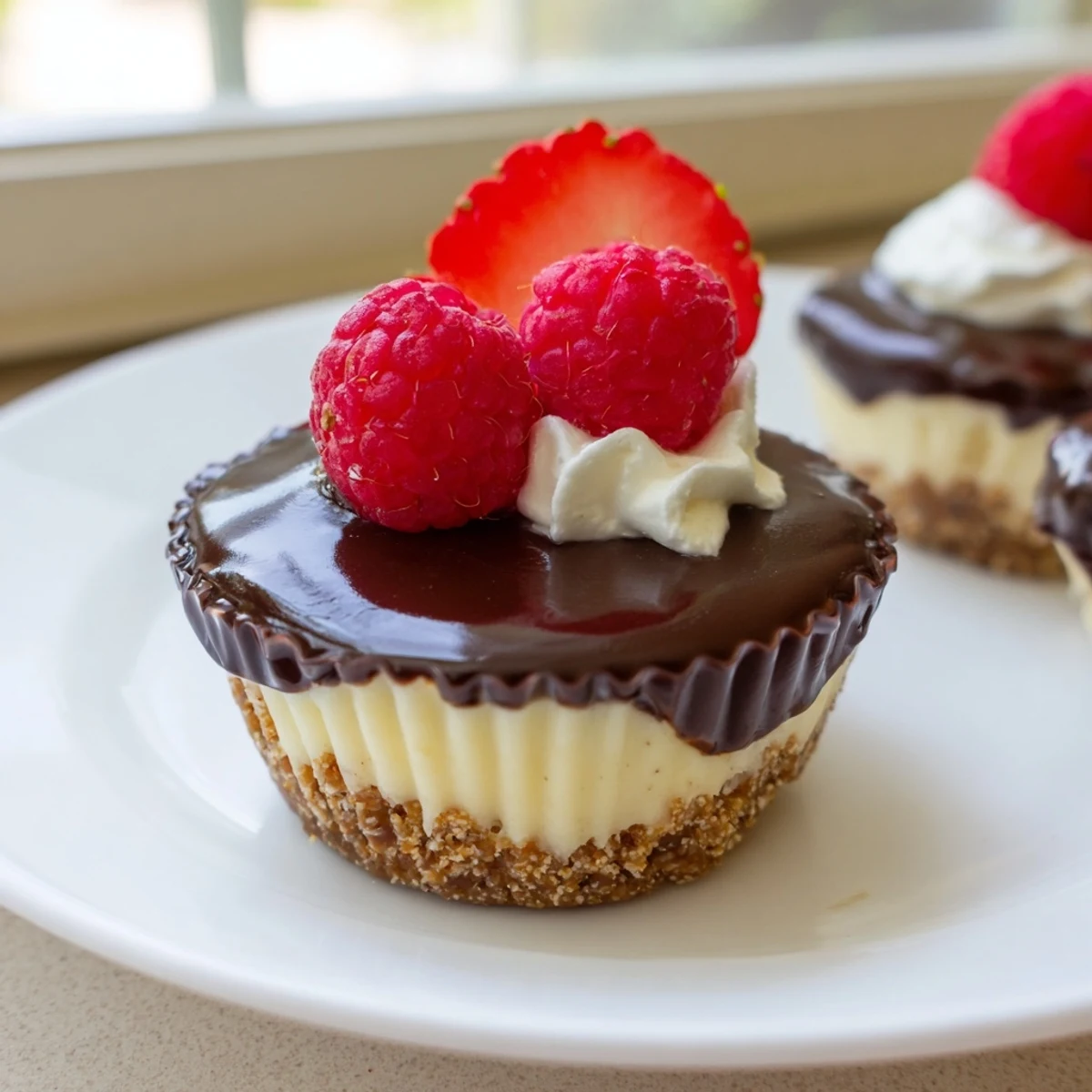 Individual mini cheesecakes garnished with whipped cream and colorful berry toppings