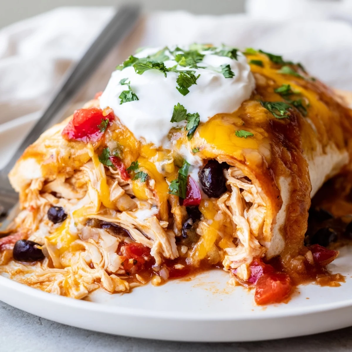Golden bubbling chicken burrito casserole fresh from the oven with melted cheddar on top
