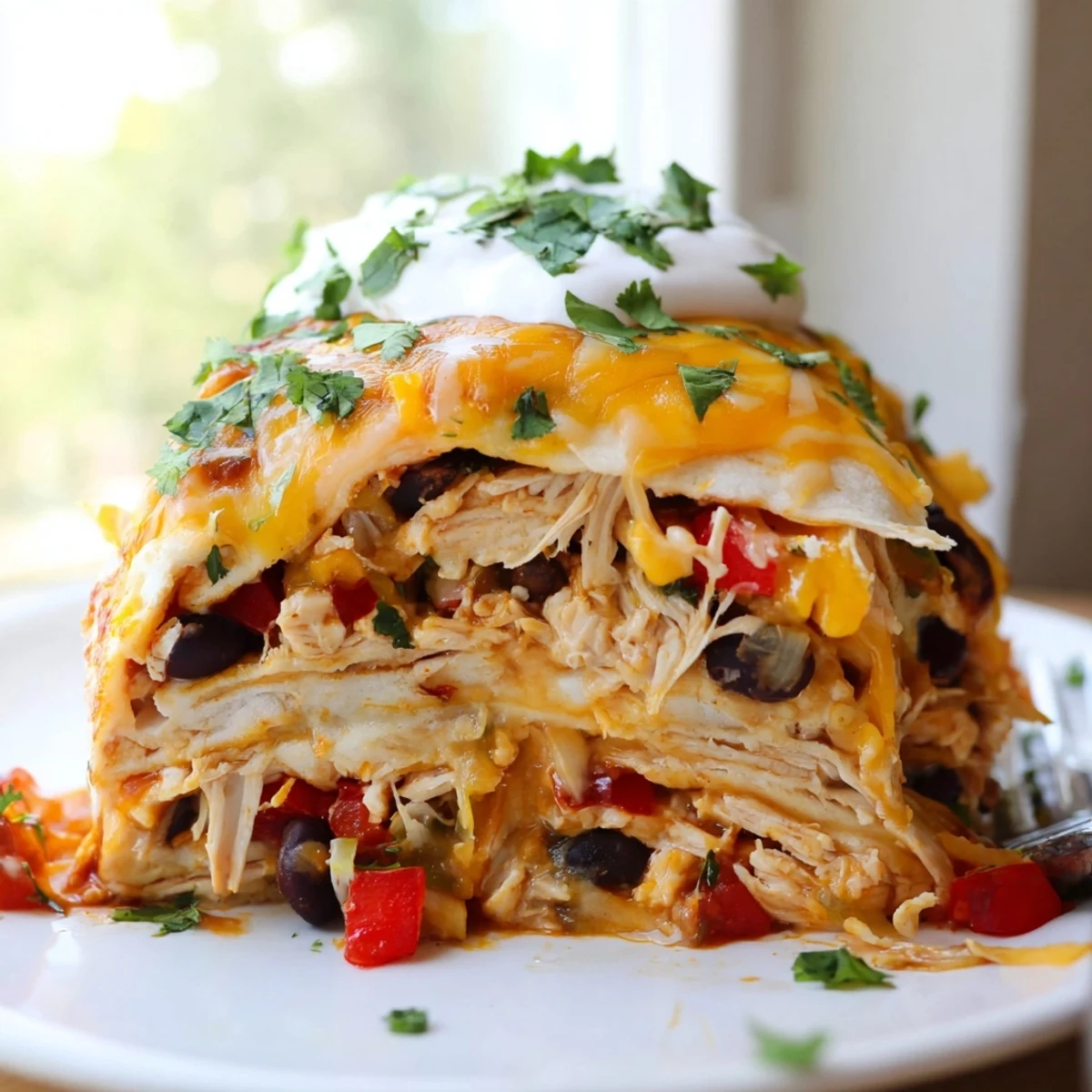 Creamy sour cream dollops over cheesy chicken burrito casserole garnished with fresh cilantro