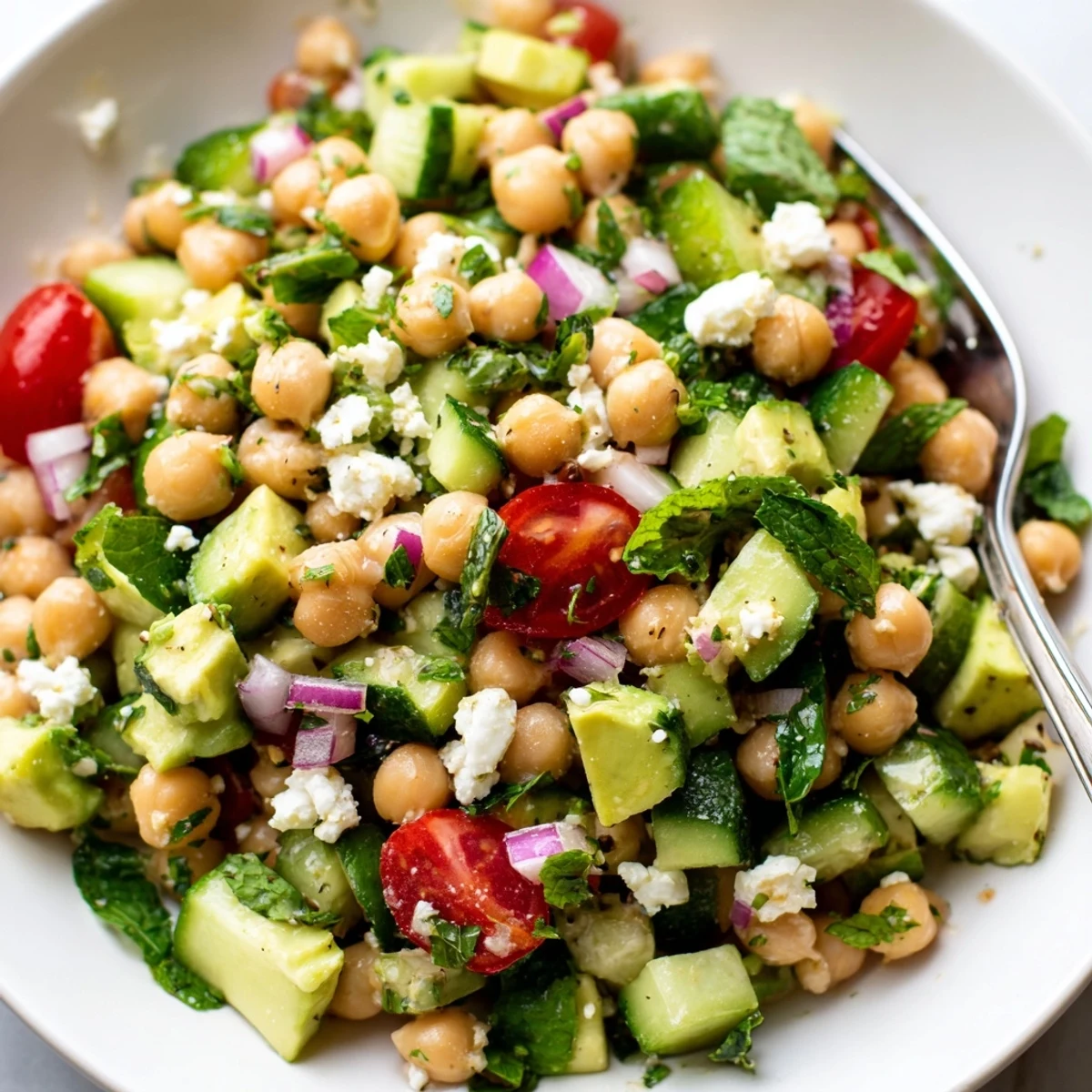 Colorful chickpea feta avocado salad topped with crumbled cheese and fresh herbs