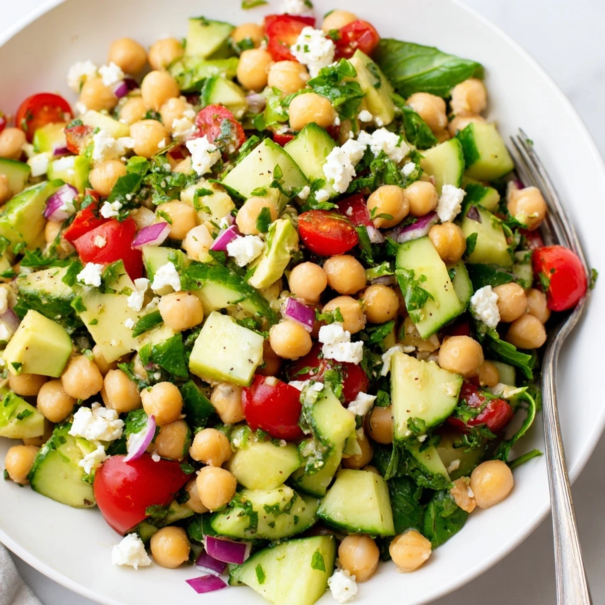 Creamy avocado and tangy feta in a bright chickpea feta avocado salad