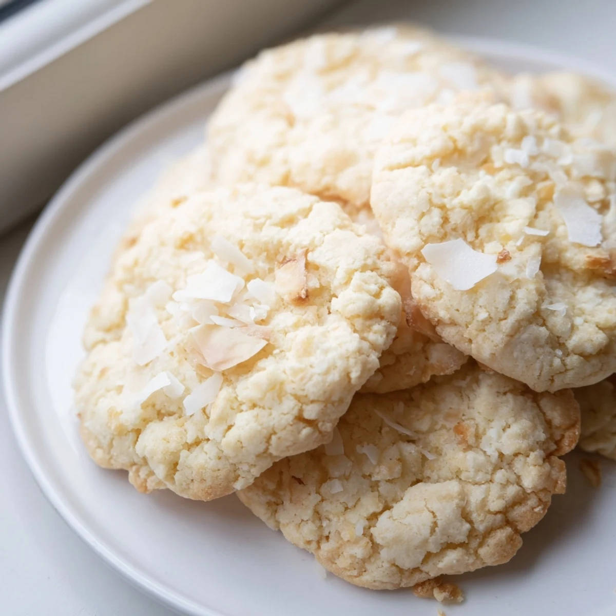 Soft and buttery coconut cookies with golden edges cooling on a wire rack