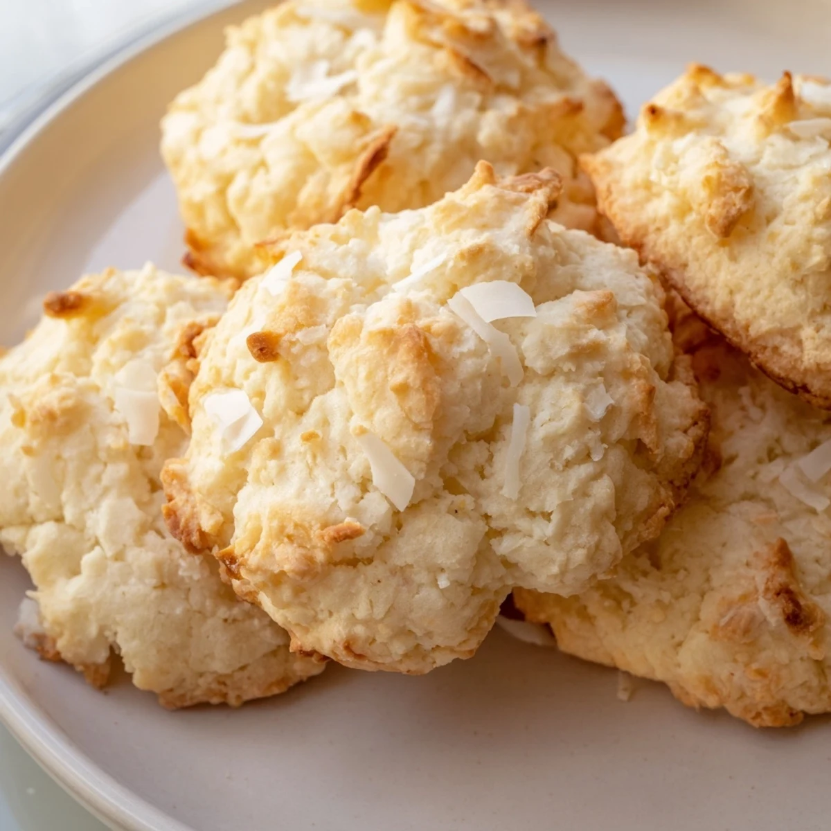 Soft and buttery coconut cookies arranged on a rustic plate for an afternoon treat