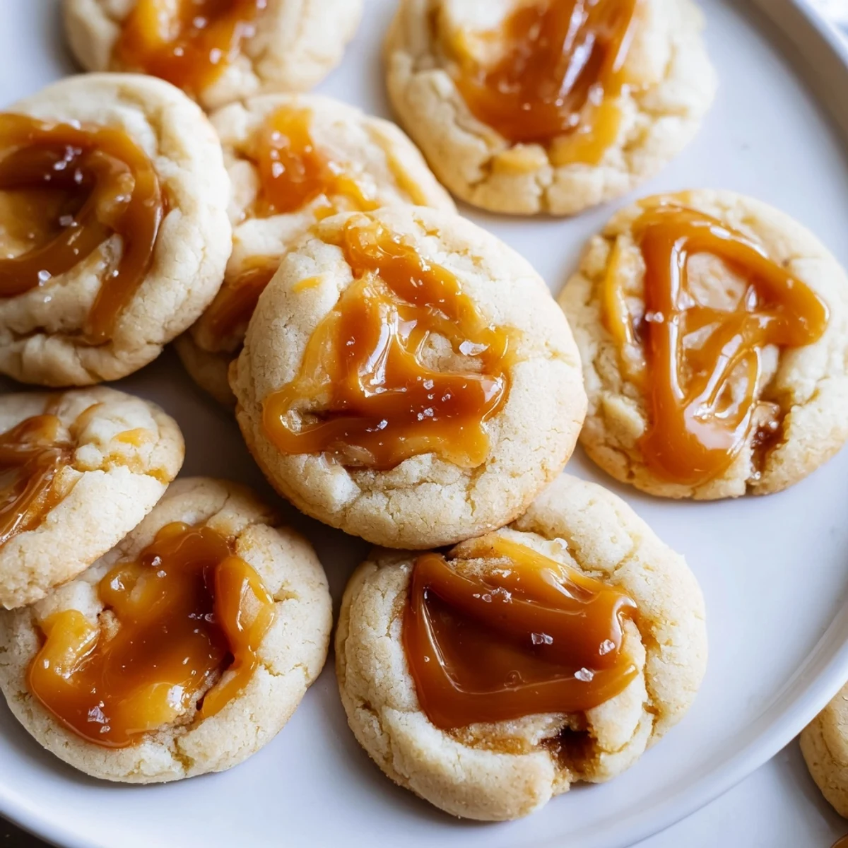 Soft caramel cheesecake cookies with golden swirls cooling on a parchment-lined baking sheet
