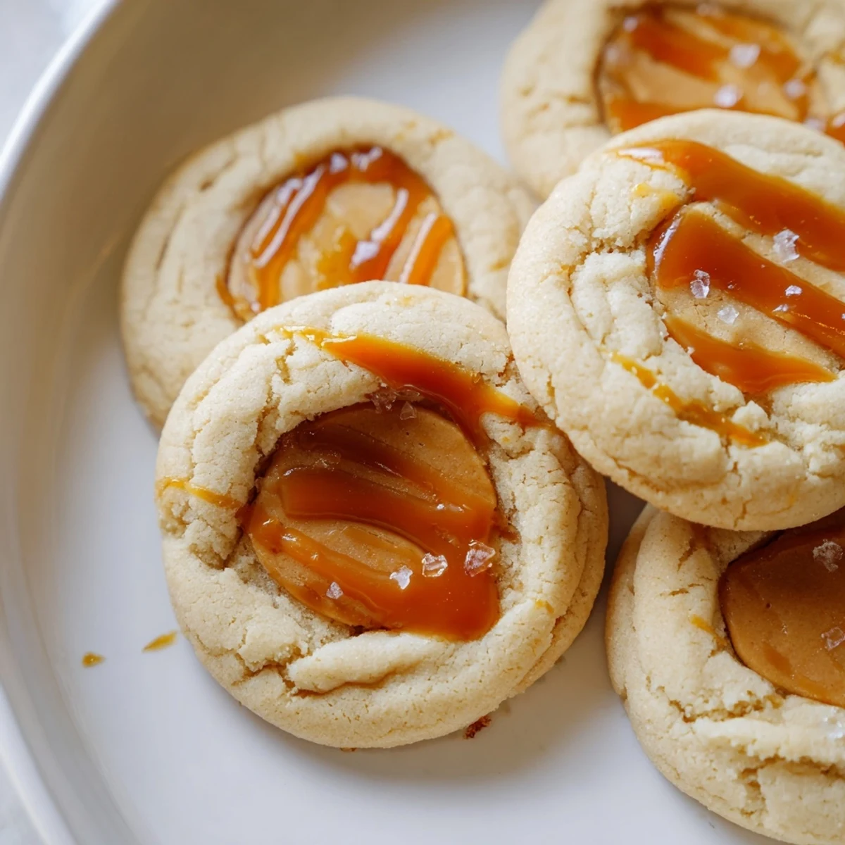Close-up of caramel cheesecake cookies showing gooey caramel pools in soft cream cheese dough