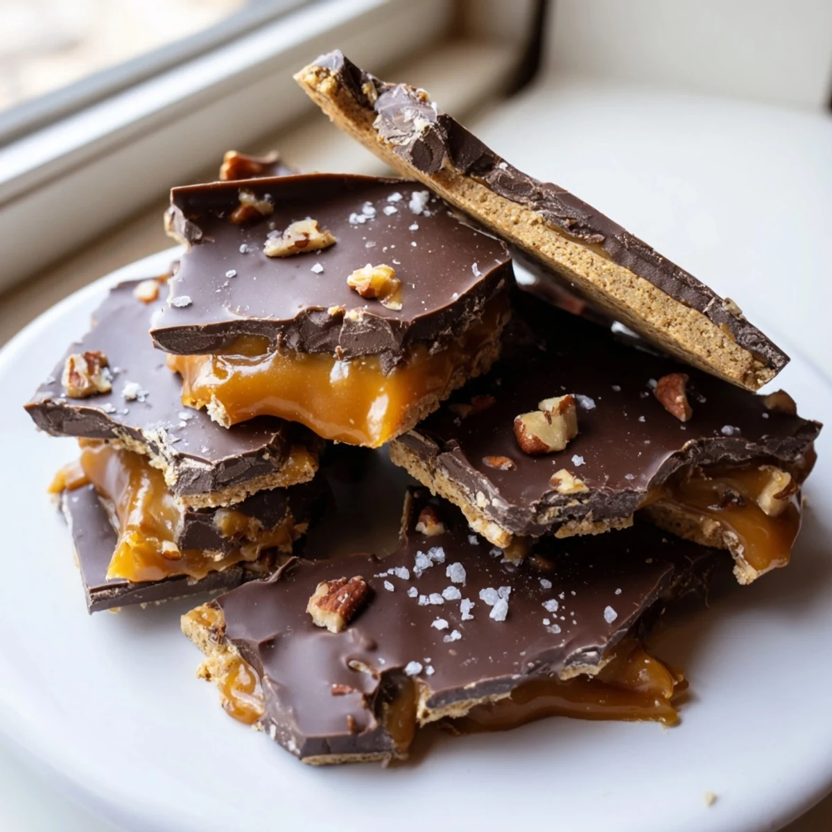 Glossy pecan pie bark with buttery caramel, toasted nuts, and melted chocolate pieces