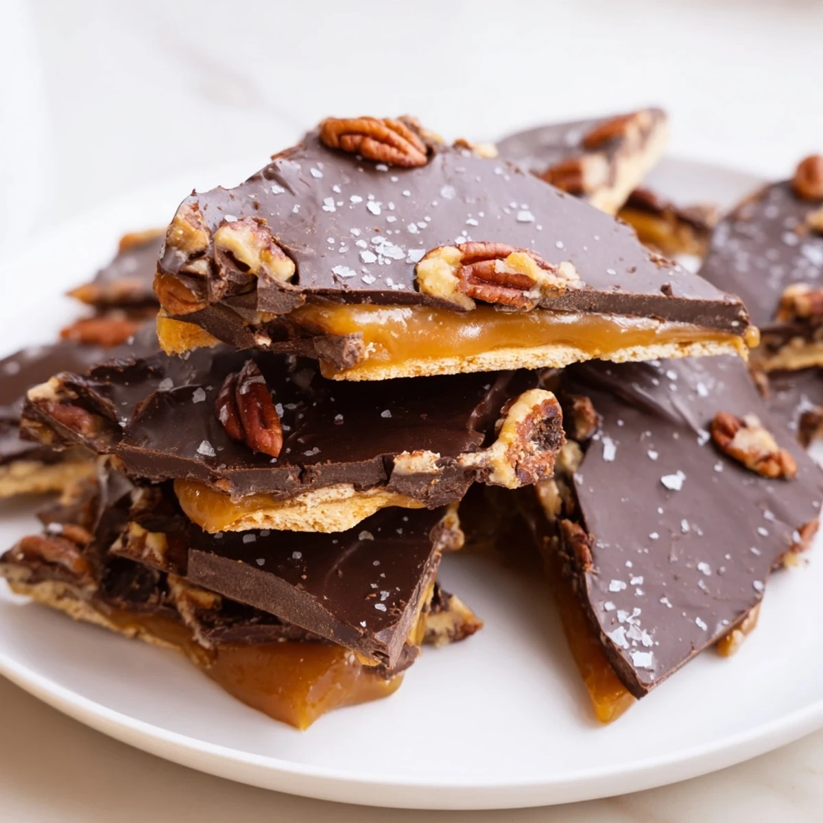 Crispy pecan pie bark topped with roasted pecans and drizzled semi-sweet chocolate